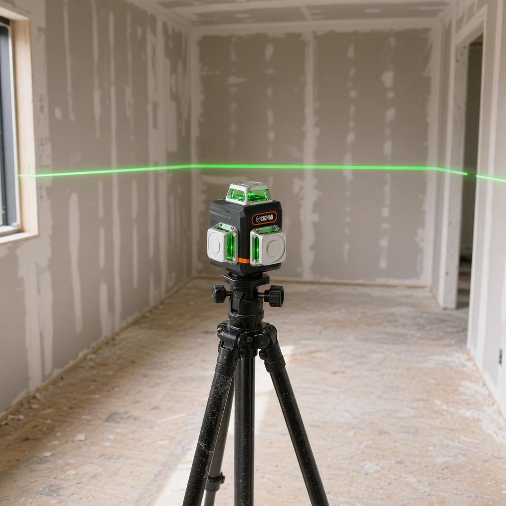 CIGMAN CM-701 green laser level on a tripod projecting a level line across an empty drywall room