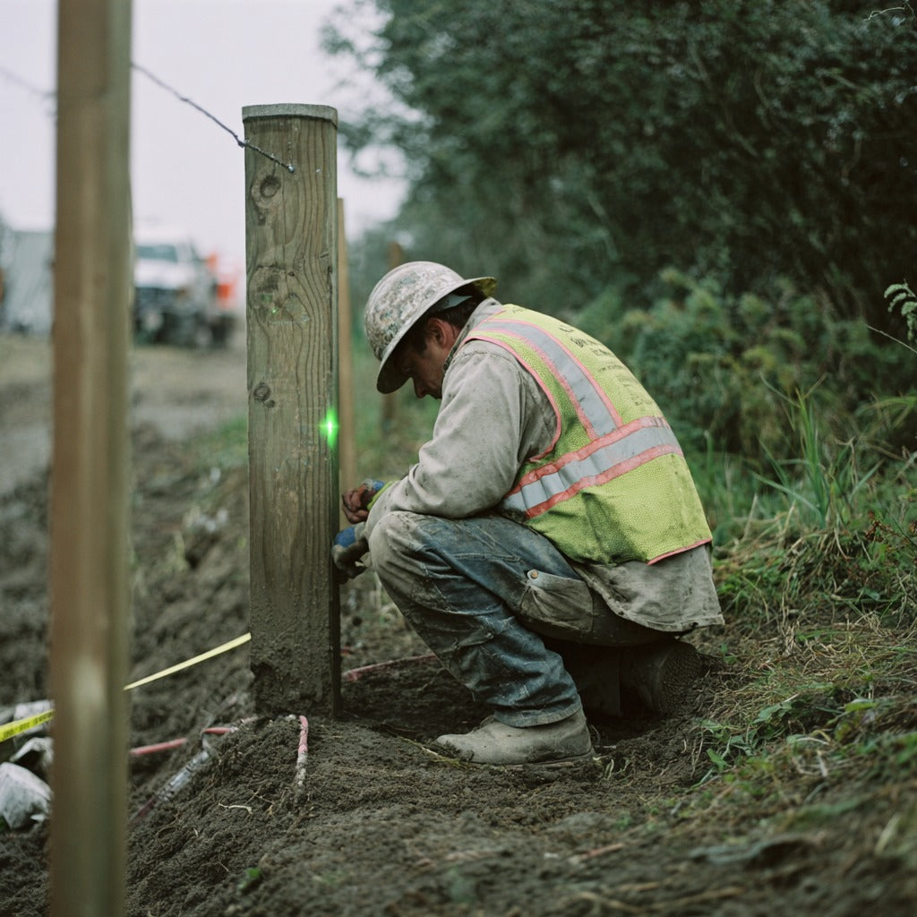 Construction worker aligning fence post with CIGMAN green laser level outdoors